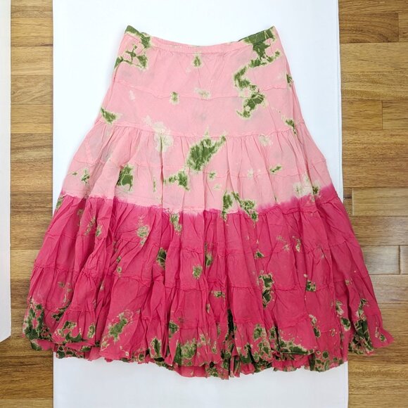 VTG 00s Y2K Solitaire Pink & Green Tie Dye Bohemian A-Line Maxi Skirt Sz L - Picture 1 of 6